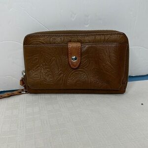 Margot Leather Wristlet Phone Case Zip Around Wallet Brown Tooled Leather ~ VGC